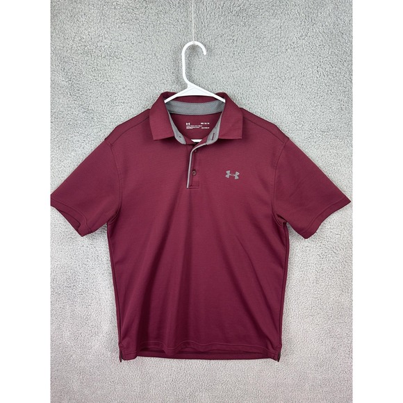 Under Armour Polo Shirt Mens Medium Burgundy HeatGear Golf Athletic Loose Fit